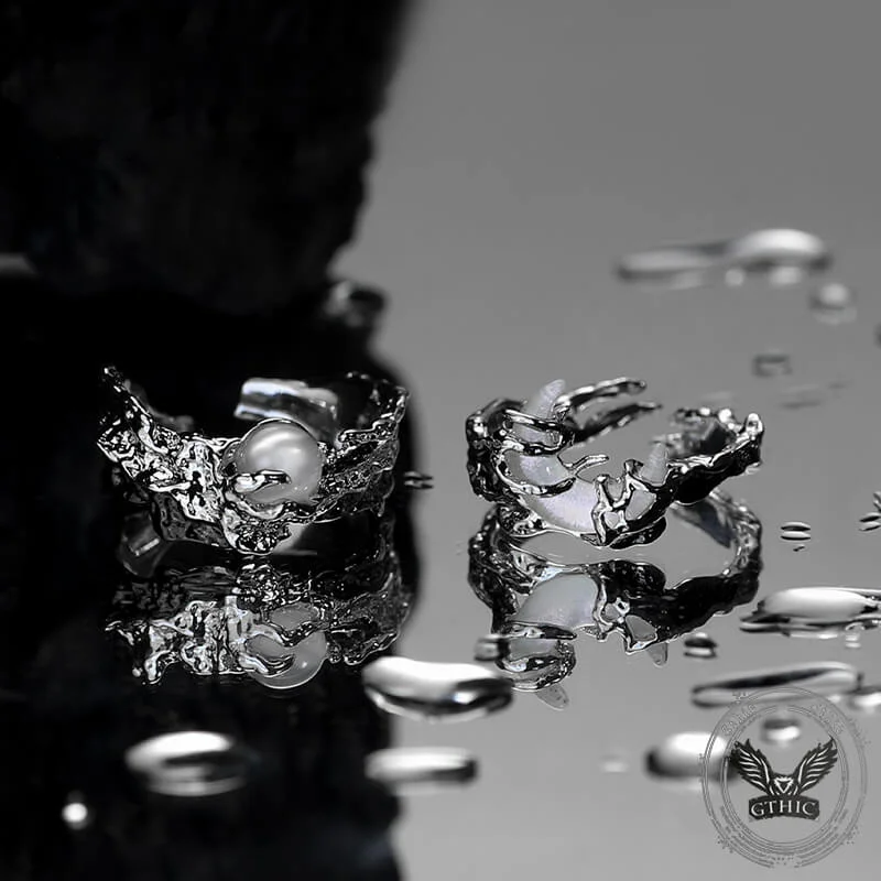 men’s silver ring with onyx Wave Sun and Moon Alloy Open Couple Ring