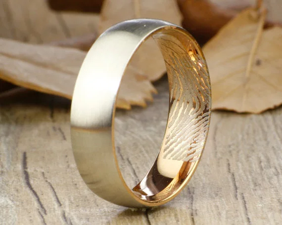 dainty feather charm necklace Your Actual Finger Print Rings, Handmade Women Dome RINGS - Two Tone Rose Gold Titanium Rings 7mm