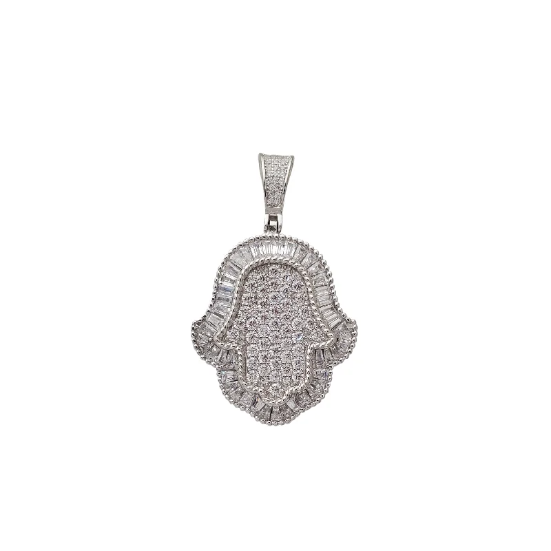 unique gemstone cocktail ring Zirconia Baguette Halo Hamsa Hand Pendant (Silver)