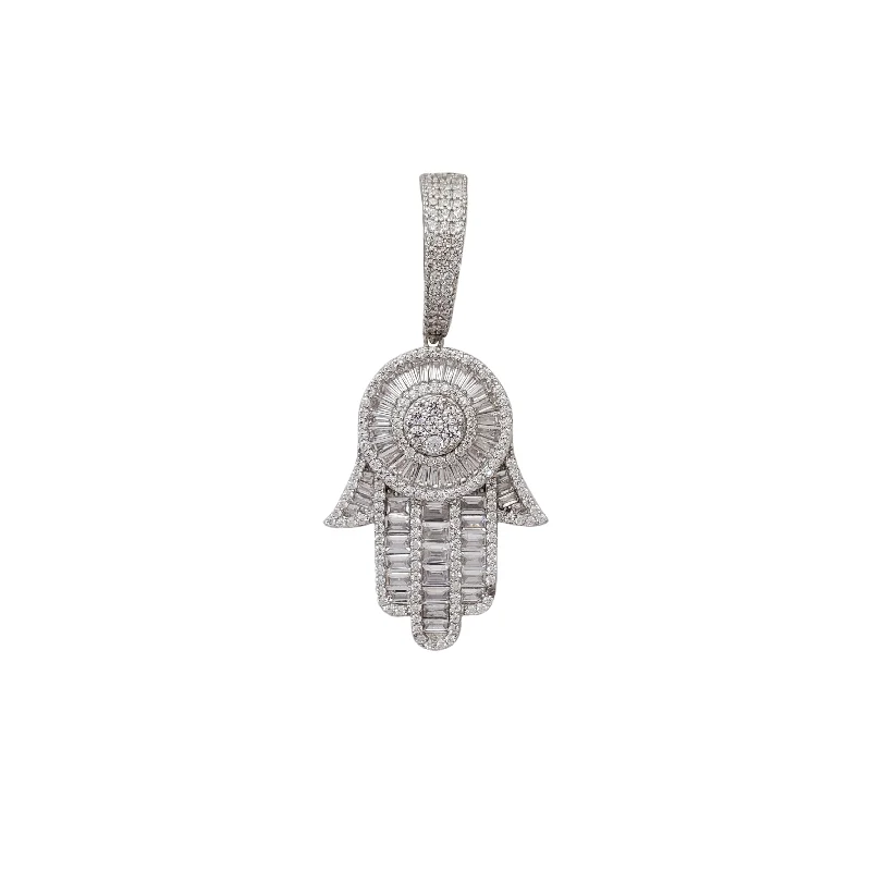 men’s silver wedding band Zirconia Baguette Hamsa Hand Pendant (Silver)