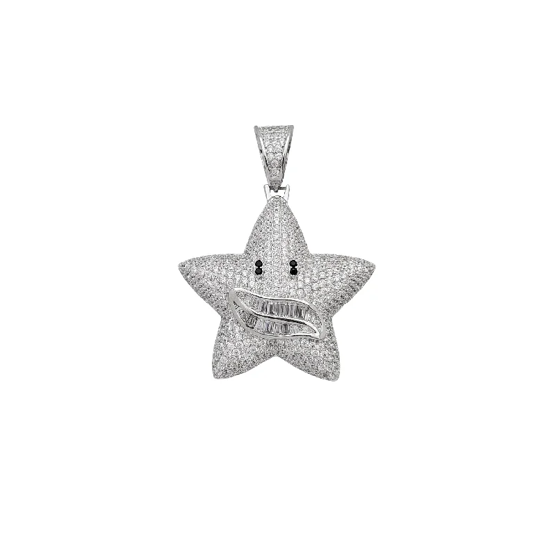 crystal-studded gold ring Zirconia Baguette & Round Smiley Star Pendant (Silver)
