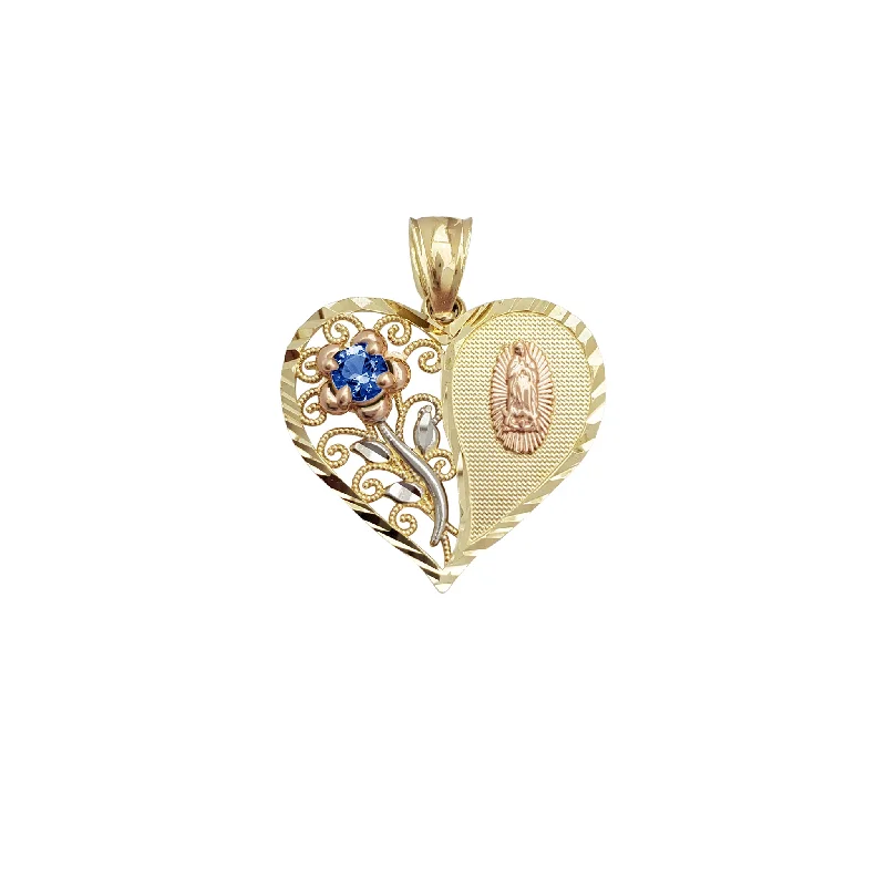handmade gold nugget ring Zirconia Birthstone Rose Long Stem & Virgin Heart Pendant (14K)