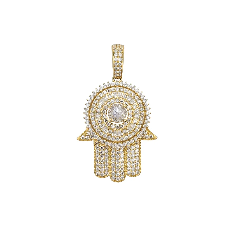 minimal gold ring stack Zirconia Iced-Out Hamsa Hand Pendant (14K)