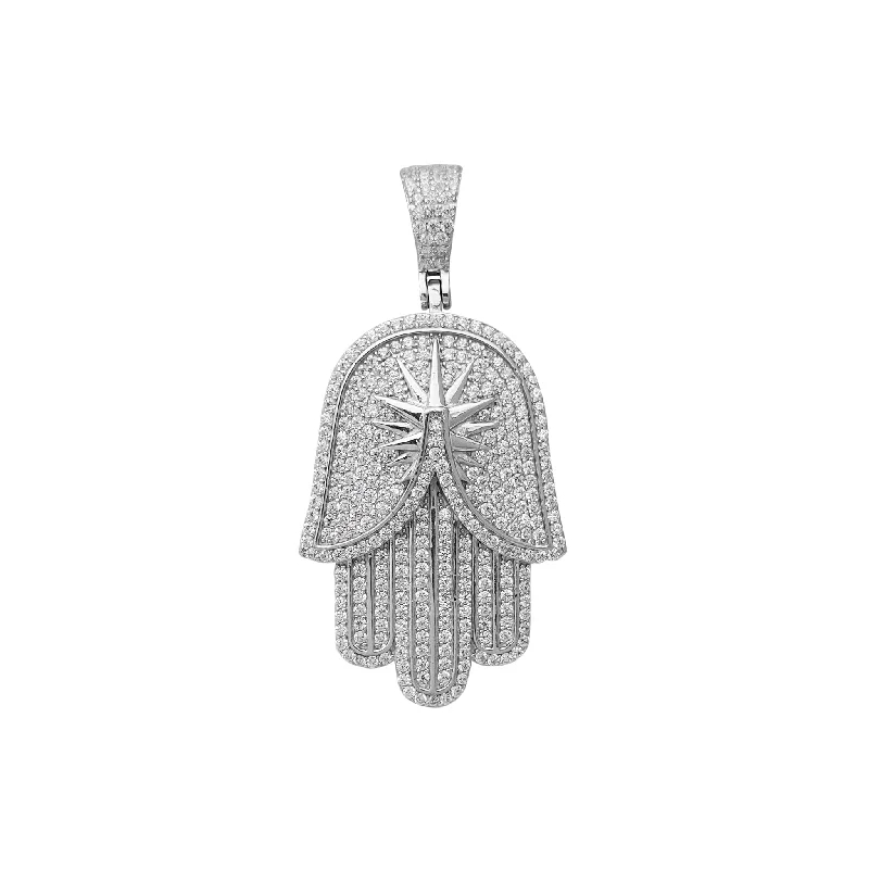 custom silver charm bracelet Zirconia Iced-Out Hamsa Hand Pendant (Silver)