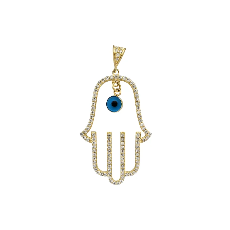 adjustable charm necklace Zirconia Outline Blue Evil Eye Hamsa Hand Pendant (14K)