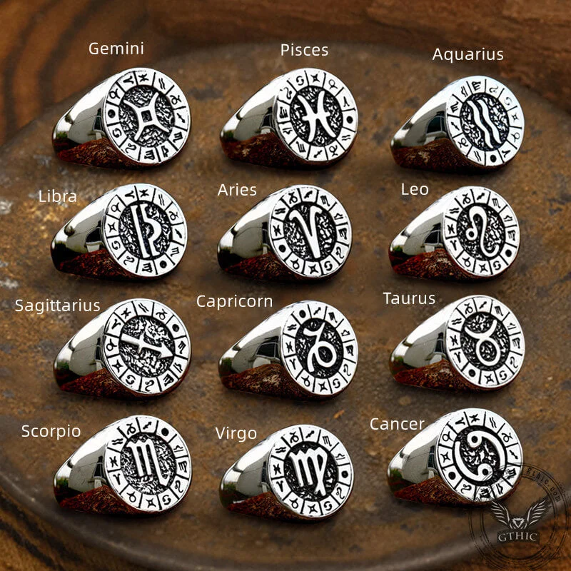 engraved pendant necklace Zodiac Signs Symbol Stainless Steel Ring